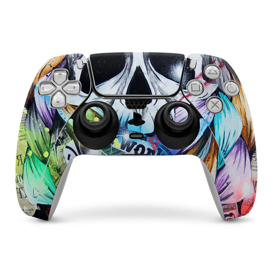PS5 controller skin with colorful graffiti-style artwork and button cutouts