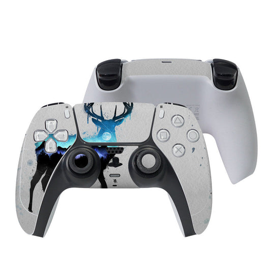 PlayStation 5 controller skin with blue and black deer graphic on white face