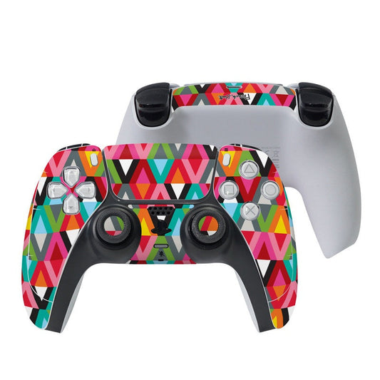 PS5 controller skin with colorful geometric pattern and button covers