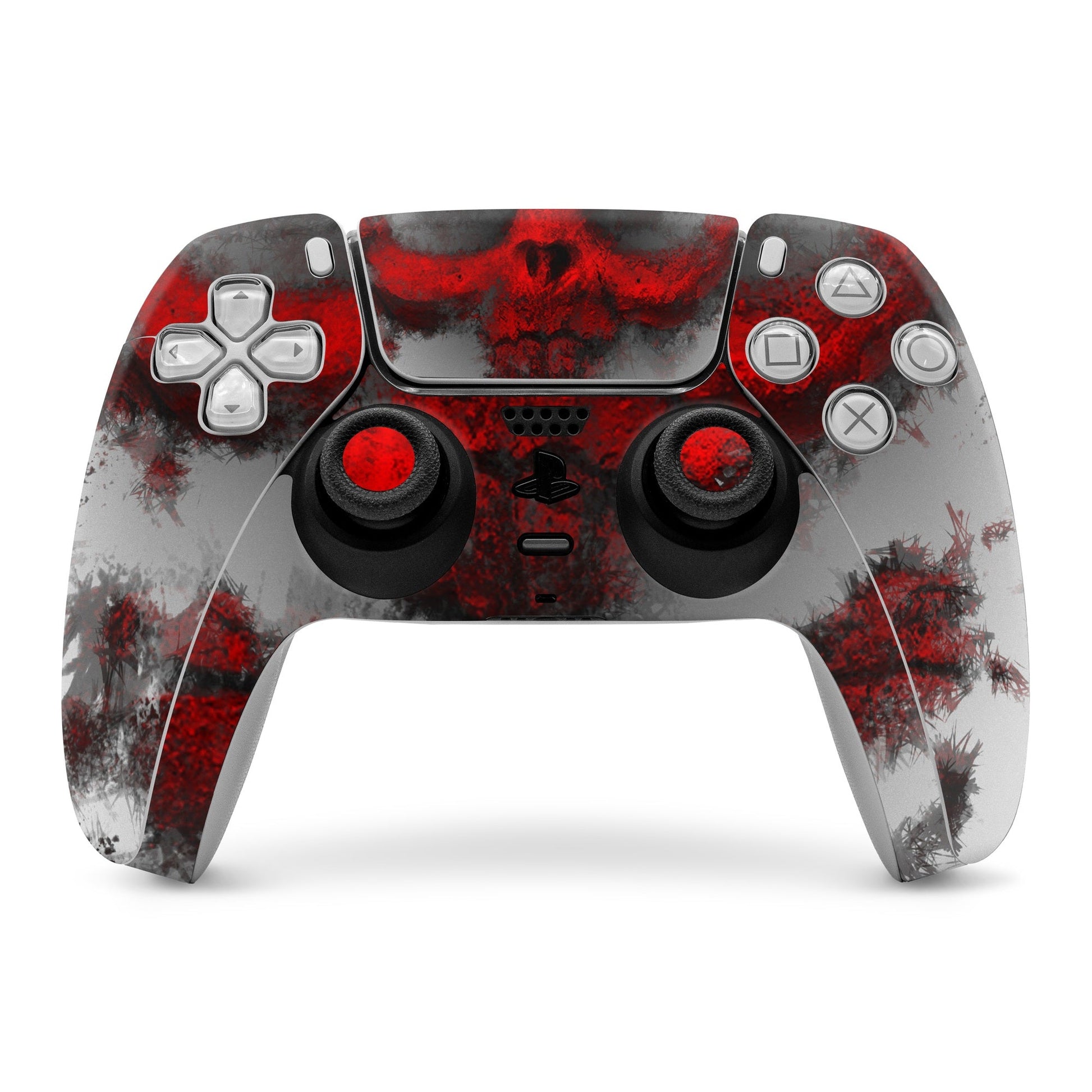 Red and gray PS5 controller skin with skull graphic and molded button outlines