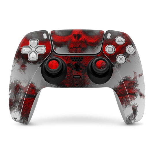 Red and gray PS5 controller skin with skull graphic and molded button outlines