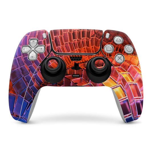 PS5 controller skin with red orange purple geometric waveform design, grip and button cutouts