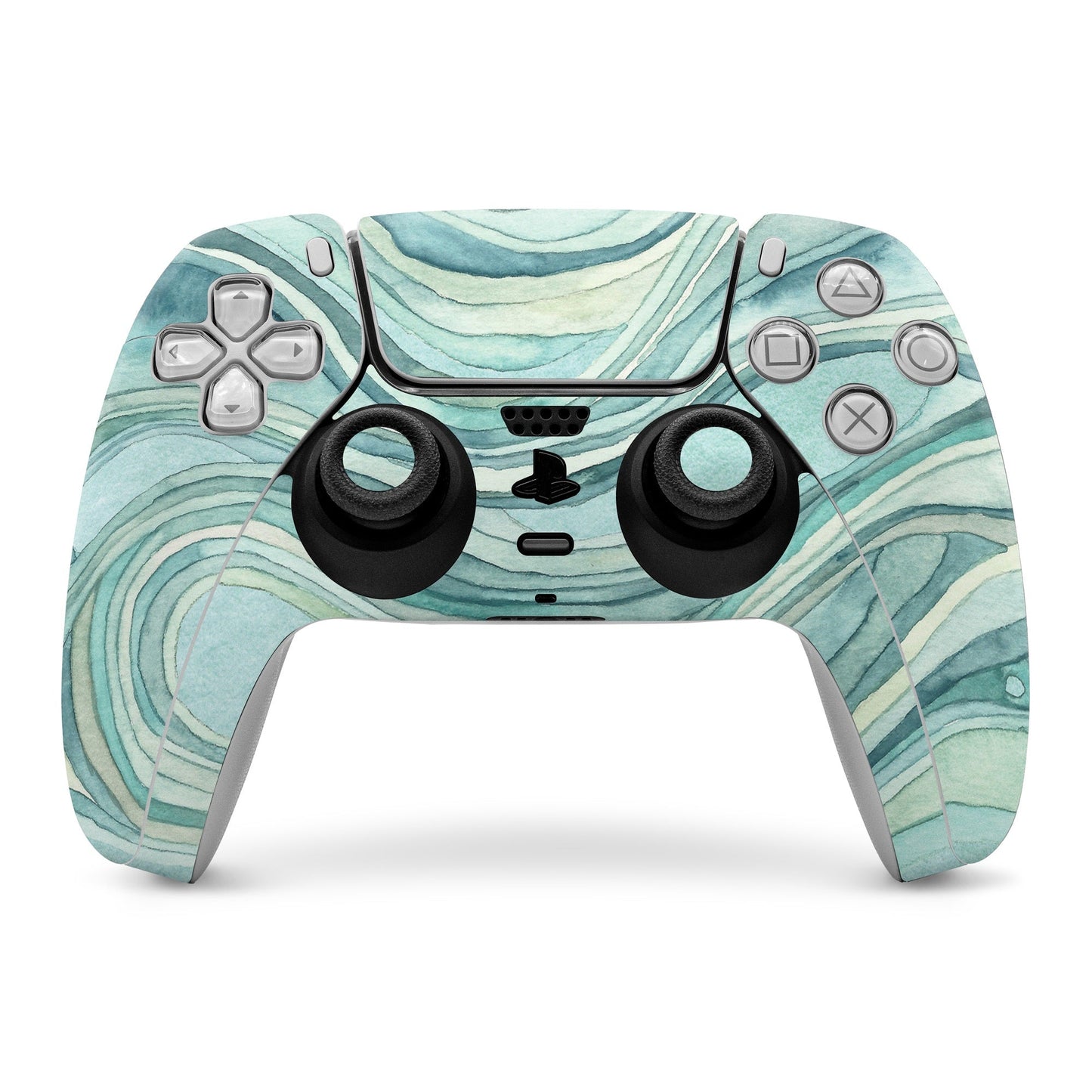 Turquoise wave-pattern PS5 controller skin with cutouts for buttons and thumbsticks