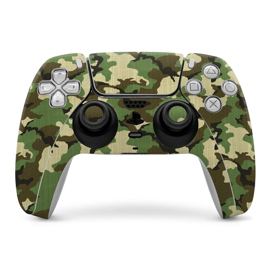 Sony PS5 controller skin with woodland camo pattern for front buttons and sticks