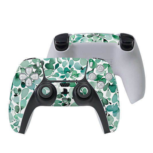 PS5 controller skin with watercolor eucalyptus leaf pattern on front grips and buttons