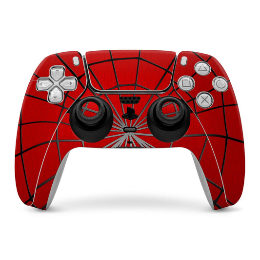 Red spiderweb PS5 controller skin with face buttons and thumbstick cutouts
