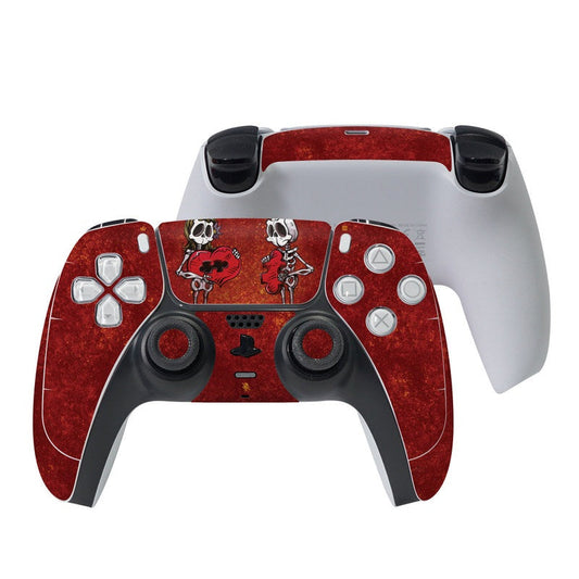 PS5 controller skin with red textured design and cartoon characters on front buttons