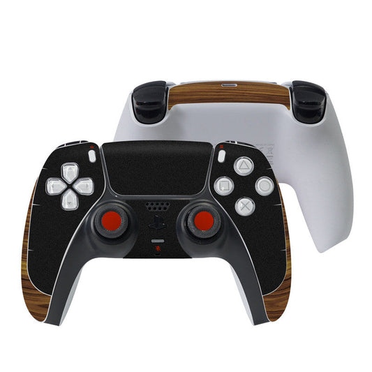 Wood-grain PS5 controller skin with black buttons and touchpad cover