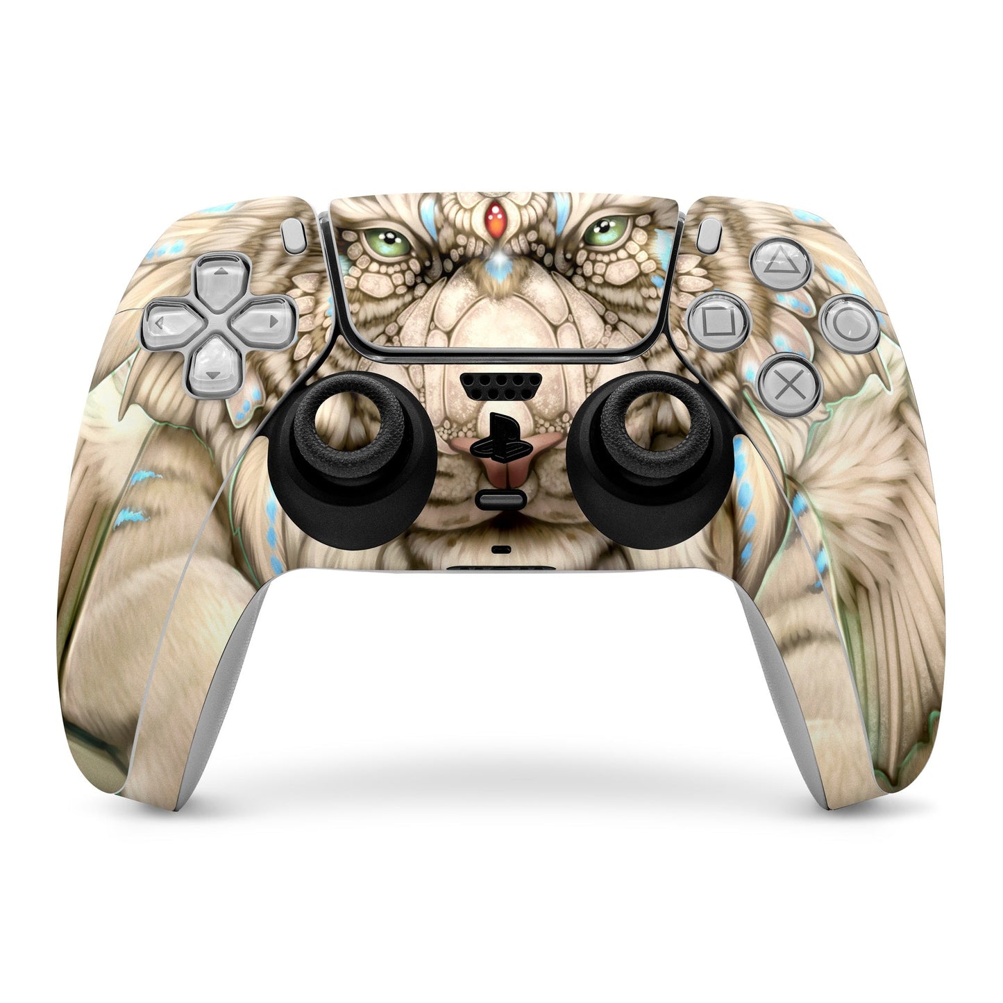 PS5 controller skin with owl face and blue feather pattern over controller buttons