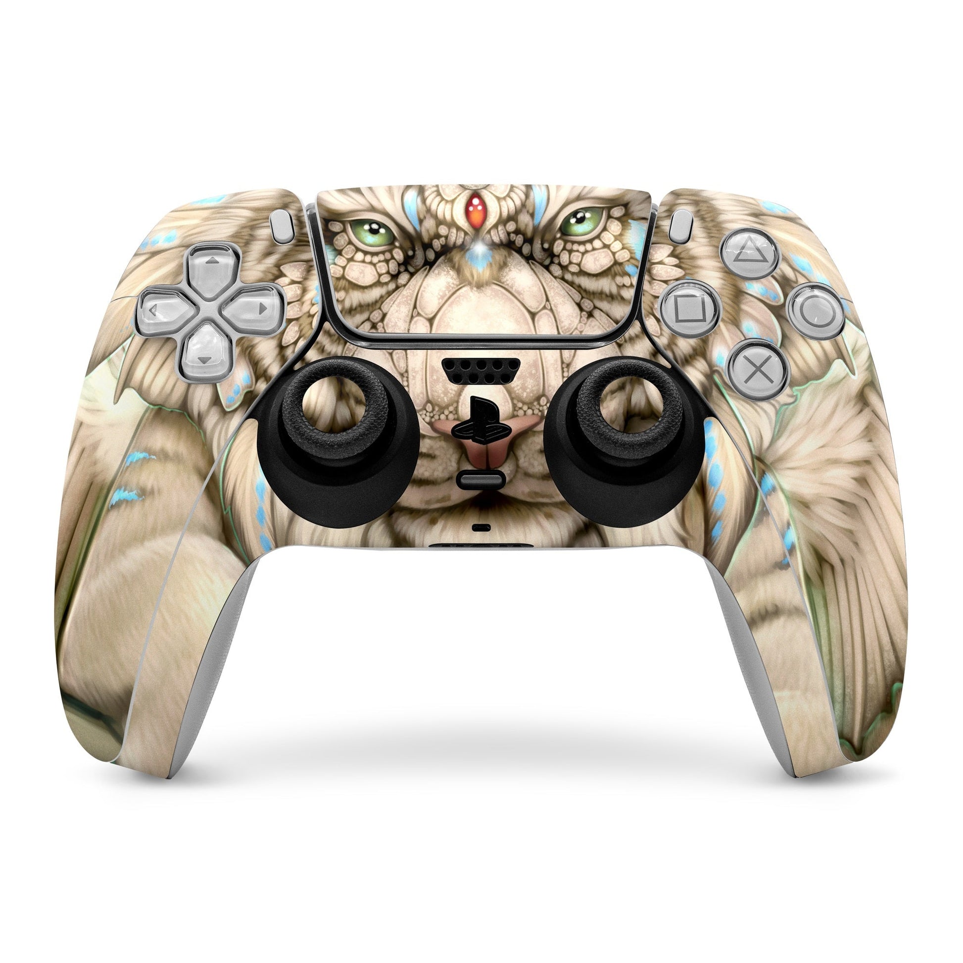 PS5 controller skin with owl face and blue feather pattern over controller buttons