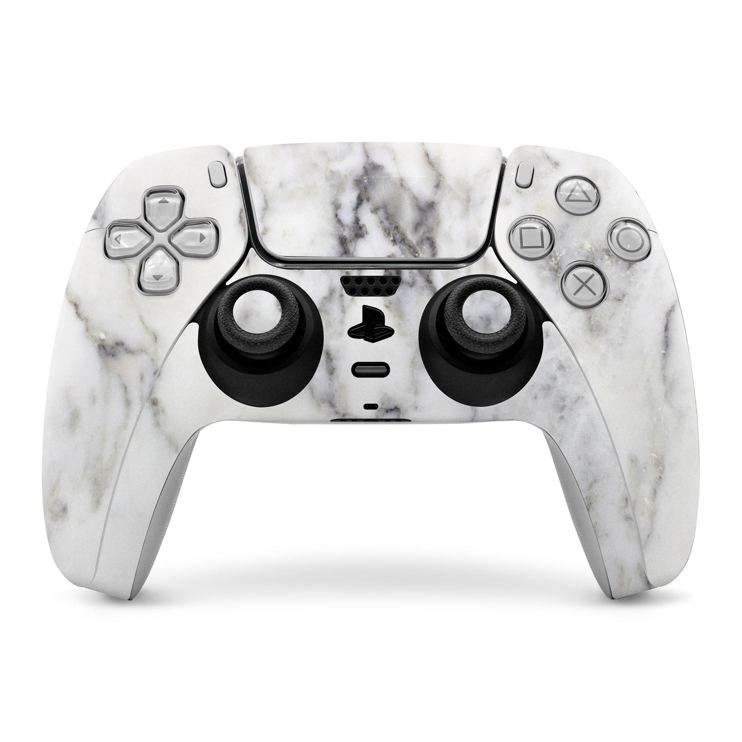 White marble PS5 controller skin with button and thumbstick cutouts