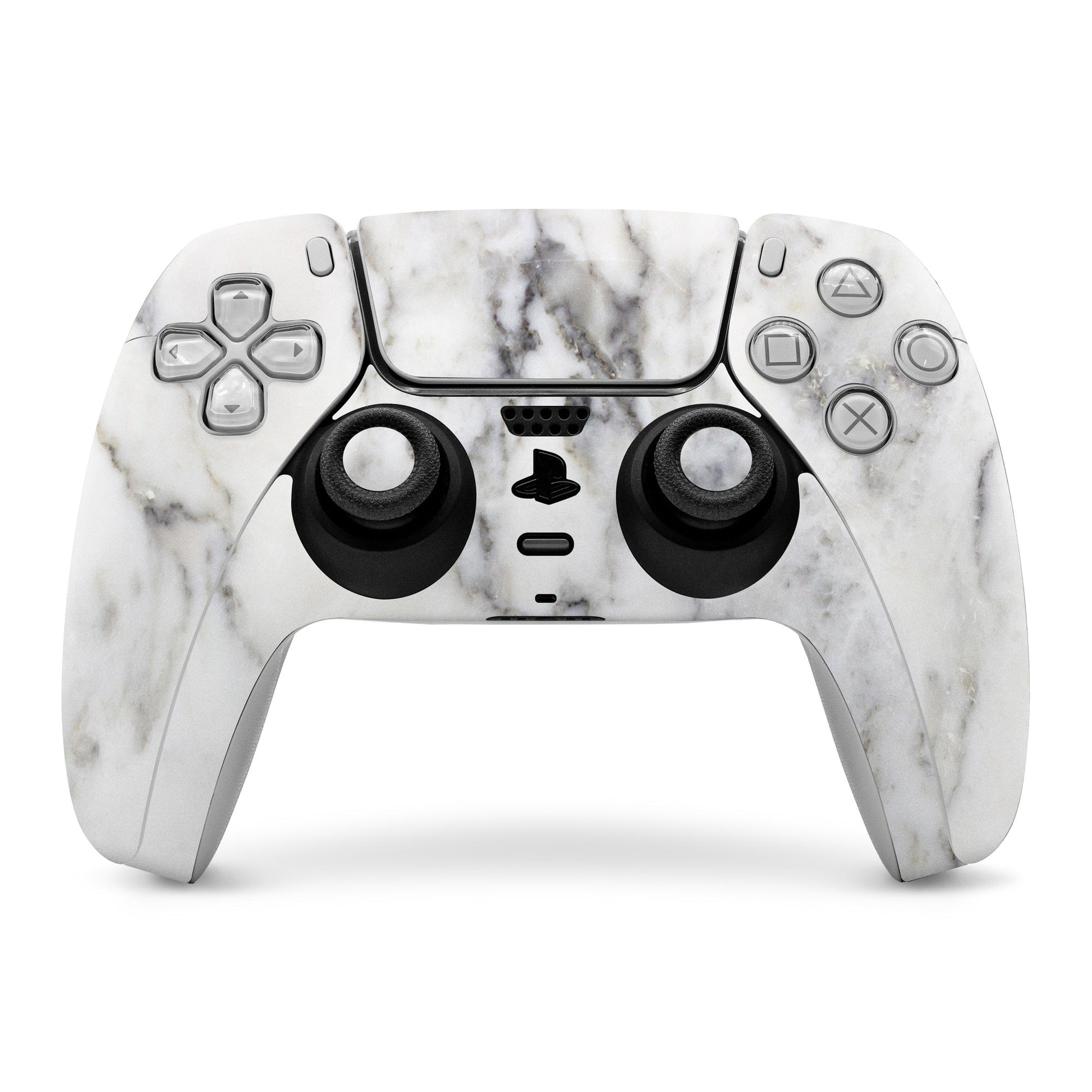 White marble PS5 controller skin with button and thumbstick cutouts