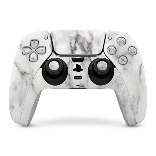 White marble PS5 controller skin with button and thumbstick cutouts