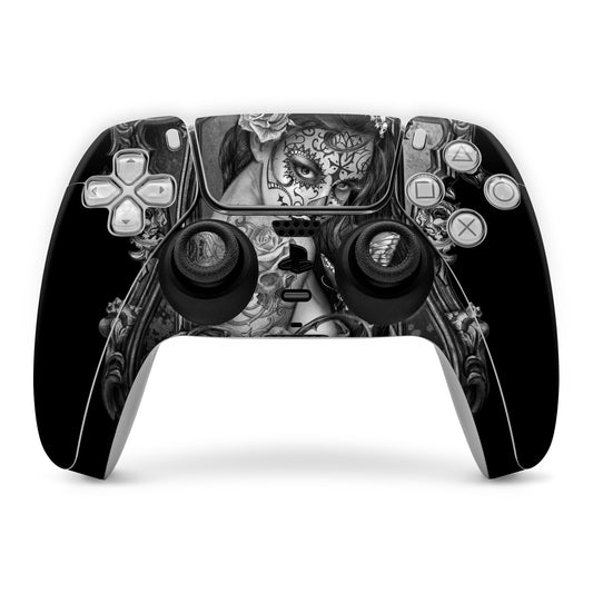 PS5 controller skin with black-and-gray skull and ornate floral art, full front panel wrap.
