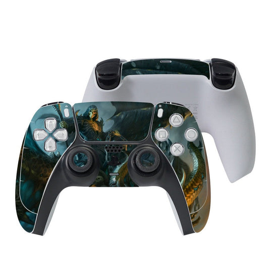 PS5 controller skin with teal, dark fantasy dragon graphic for DualSense