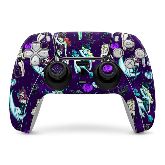 Purple PS5 controller skin with witch and black cat graphics and button cutouts