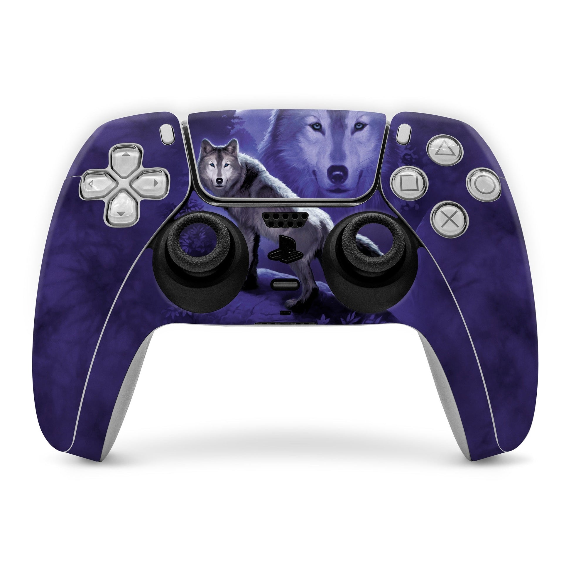 PlayStation 5 controller skin, purple wolf design with button cutouts