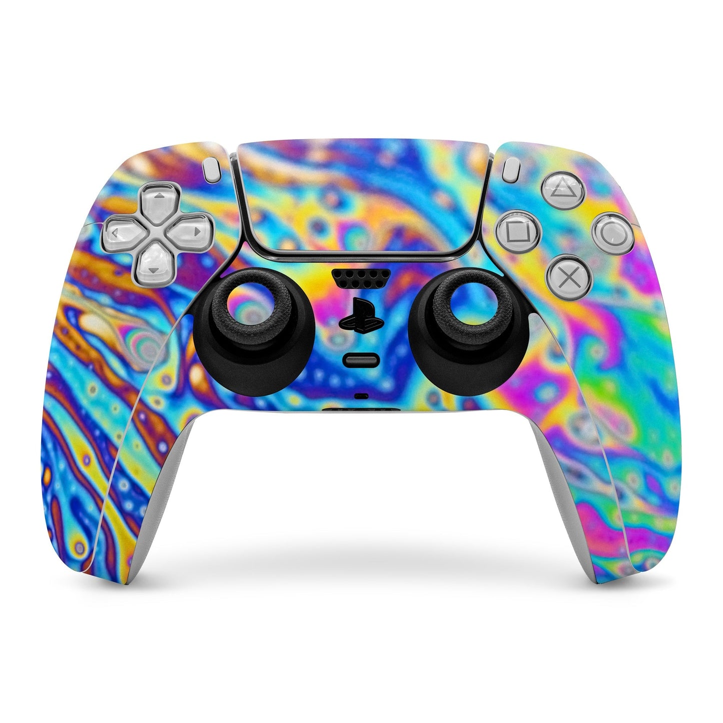PlayStation 5 controller skin with colorful abstract swirl design and button cutouts