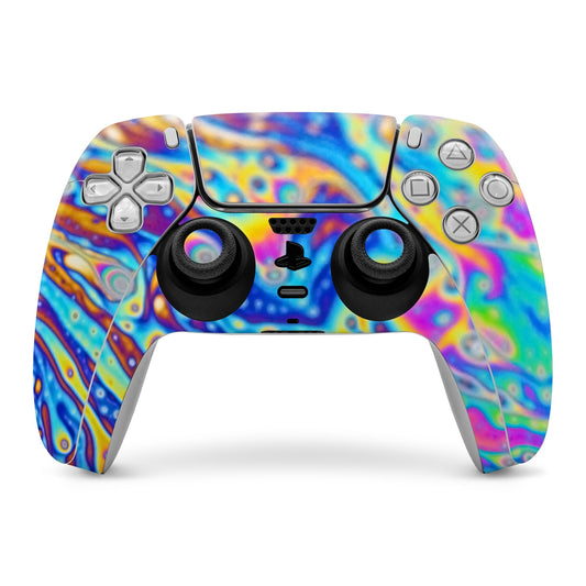 PlayStation 5 controller skin with colorful abstract swirl design and button cutouts