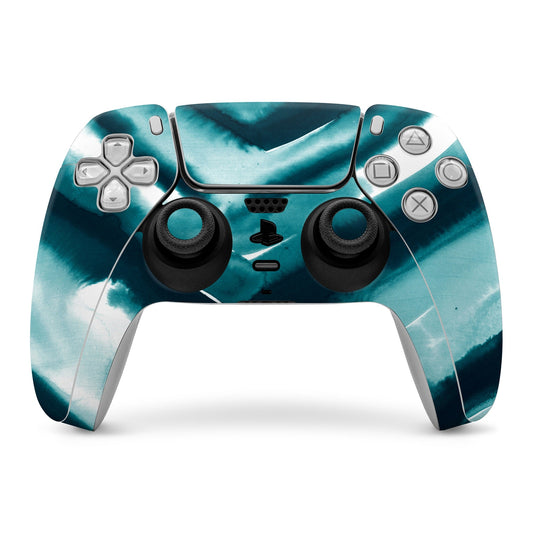 PS5 controller skin with teal watercolor chevron pattern covering buttons and thumbsticks