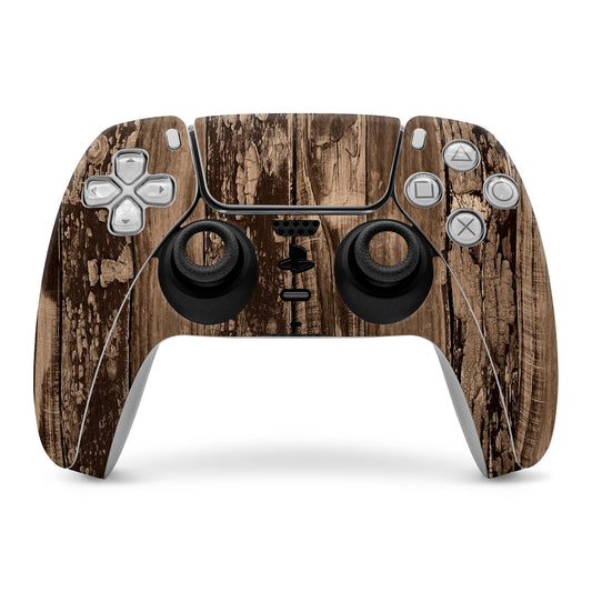 PS5 controller skin with weathered wood grain wrap and cutouts for buttons and sticks