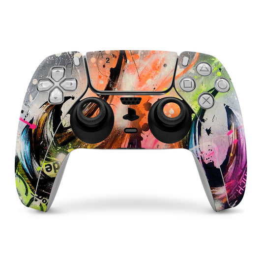 PS5 controller skin with colorful graffiti splatter design, cutouts for buttons and triggers