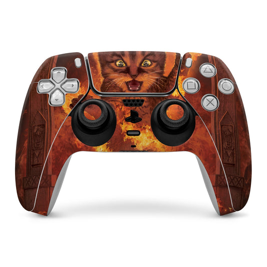 PS5 controller skin with tiger-cat face artwork and warm brown orange design
