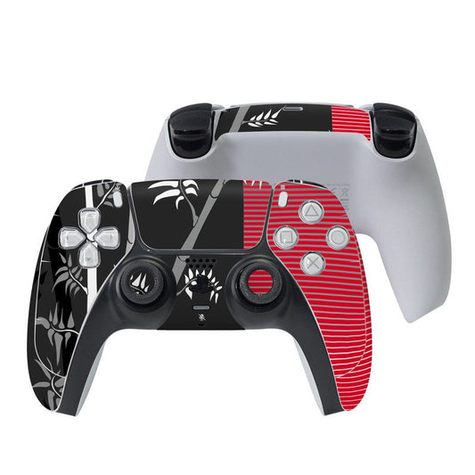 PS5 controller skin with black, red, and white graphic design and button cutouts