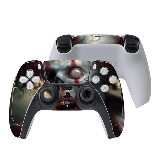 Zombini PS5 controller skin, dark red and green zombie eye design on DualSense