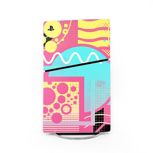 PS5 Slim skin decal with colorful geometric circuit patterns and PlayStation logo