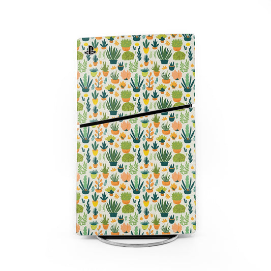 Game console skin with cactus and succulent pattern, white base, black trim.