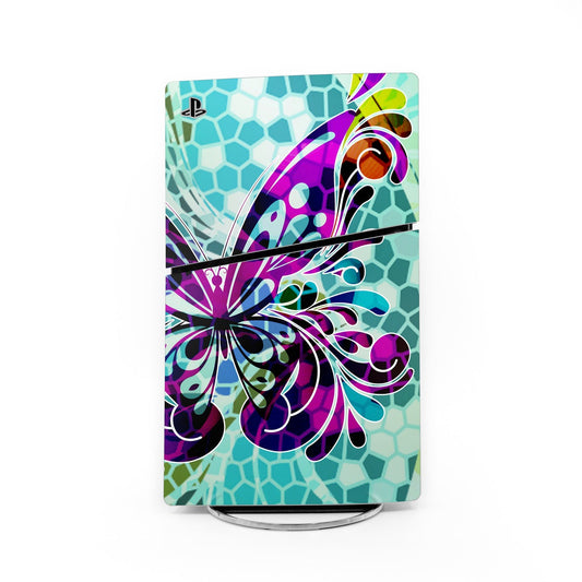 PS5 Slim butterfly glass skin with teal mosaic and purple butterfly artwork