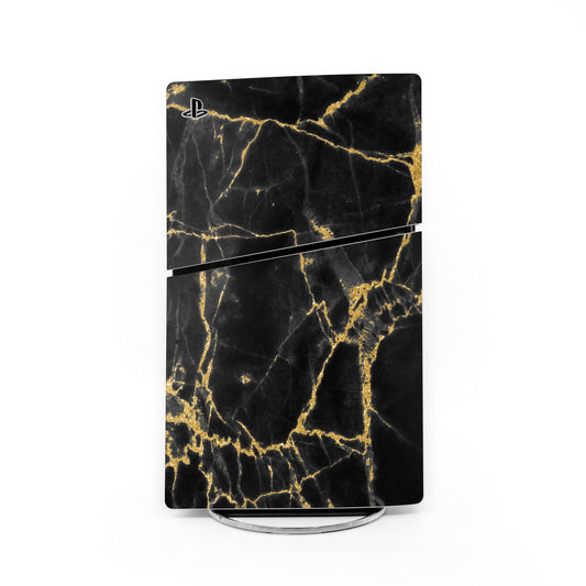 PlayStation PS5 Slim skin with black and gold marble design