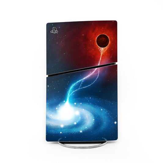 PlayStation PS5 Slim console skin, dark space art with blue lightning and red planet