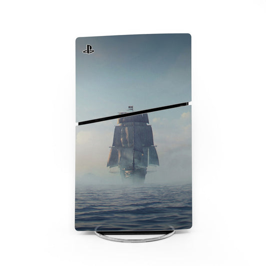 PlayStation PS5 Slim skin with PS logo and ship on blue ocean design