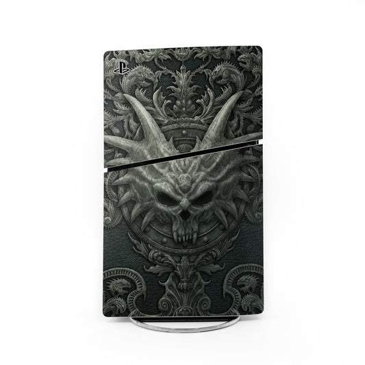 PlayStation 5 Slim console skin, dark ornate skull and dragon pattern