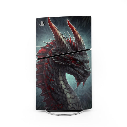 PS5 Slim console skin with dark dragon illustration, fiery accents