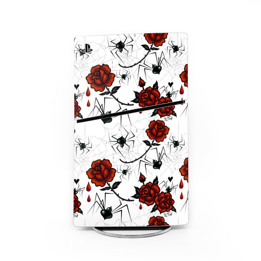 Sony PS5 Slim skin with red roses, black doodle line art on white