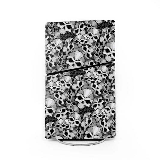 Bones PS5 Slim console skin with black-and-gray skull mosaic pattern