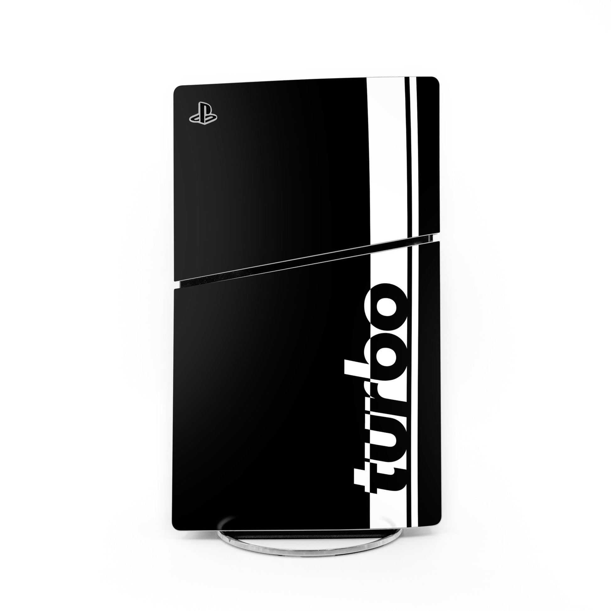 PlayStation PS5 Slim skin decal, black with white vertical text and PS logo
