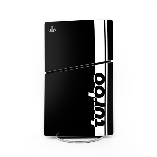 PlayStation PS5 Slim skin decal, black with white vertical text and PS logo