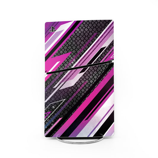 Brappp PS5 Slim skin in purple/pink/black geometric stripes with PlayStation logo