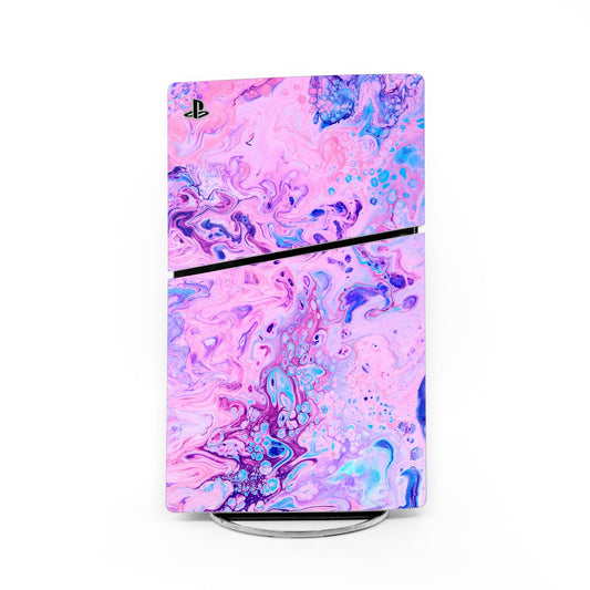 Sony PS5 Slim console skin with purple and blue bubble splash design