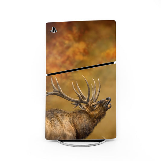 PlayStation 5 Slim skin with PlayStation logo and deer antler design, brown