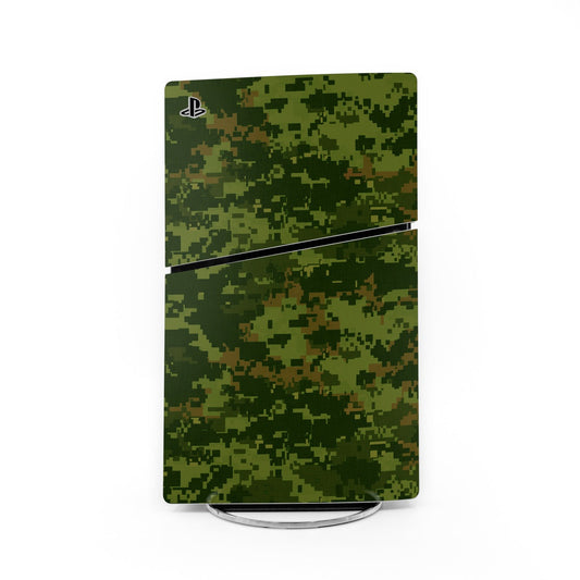 PlayStation 5 Slim skin, green pixel camo pattern with PS logo