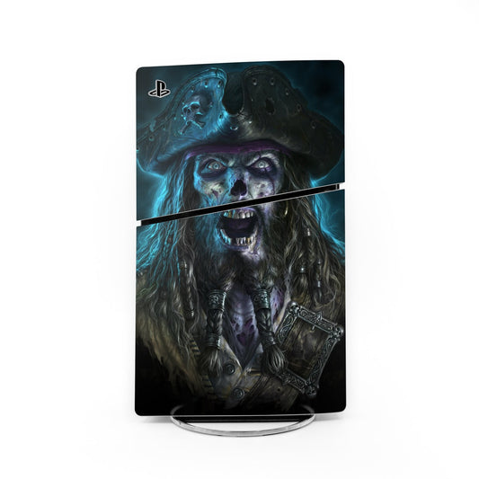 PS5 Slim skin with blue pirate captain skull artwork