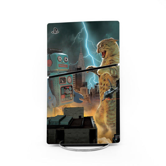 PS5 Slim console skin with cat and robot artwork, lightning and city background