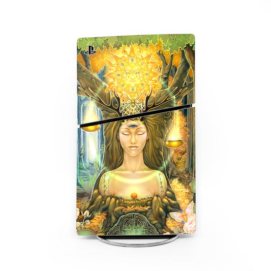 PS5 Slim skin with colorful fantasy goddess artwork, PS logo and gold-green palette