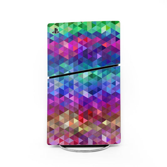 Charmed PS5 Slim skin, multicolor geometric triangles with PlayStation logo