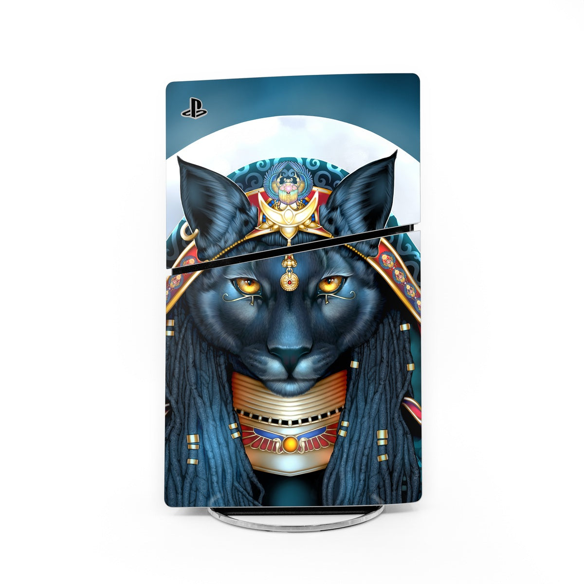 PS5 Slim console skin with dark cat face graphic and blue decorative background